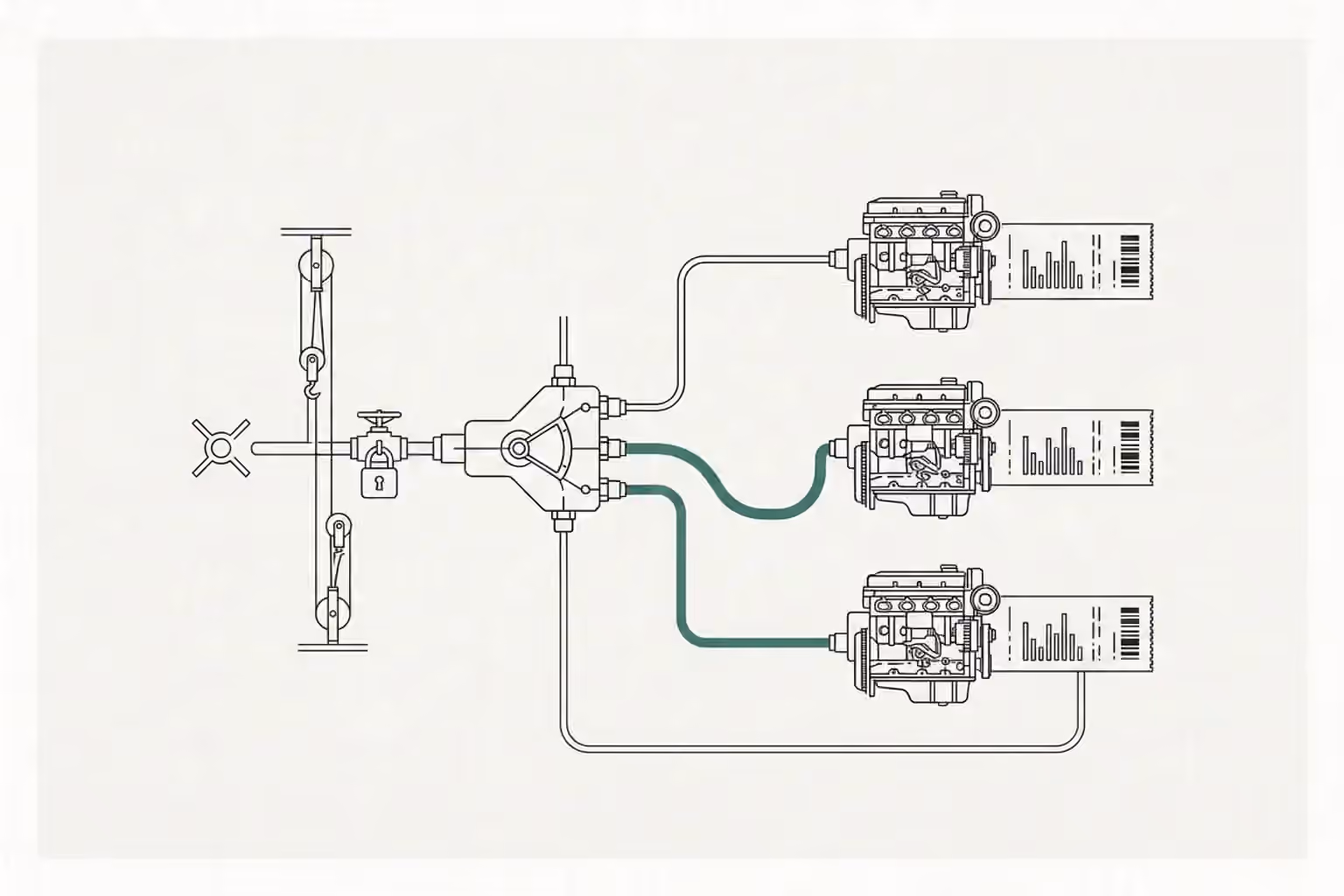 A locked provider route sits beside a verdigris cache route that links a source receipt to a new decision receipt.