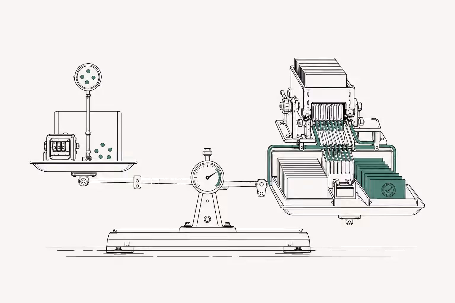 A light poll tray balances against a heavier filing sorter that routes records into a formal-policy tray.