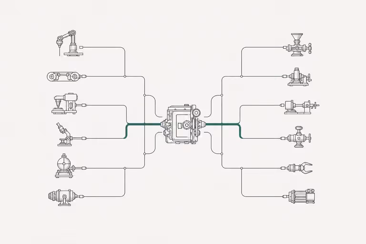 A catalog of task instruments feeds one central ledger through a verdigris shared control path.