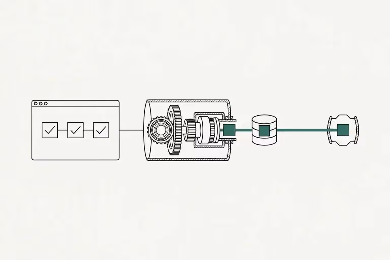 Three launch checks lead through a service mechanism and one record to a verdigris handshake endpoint trace.