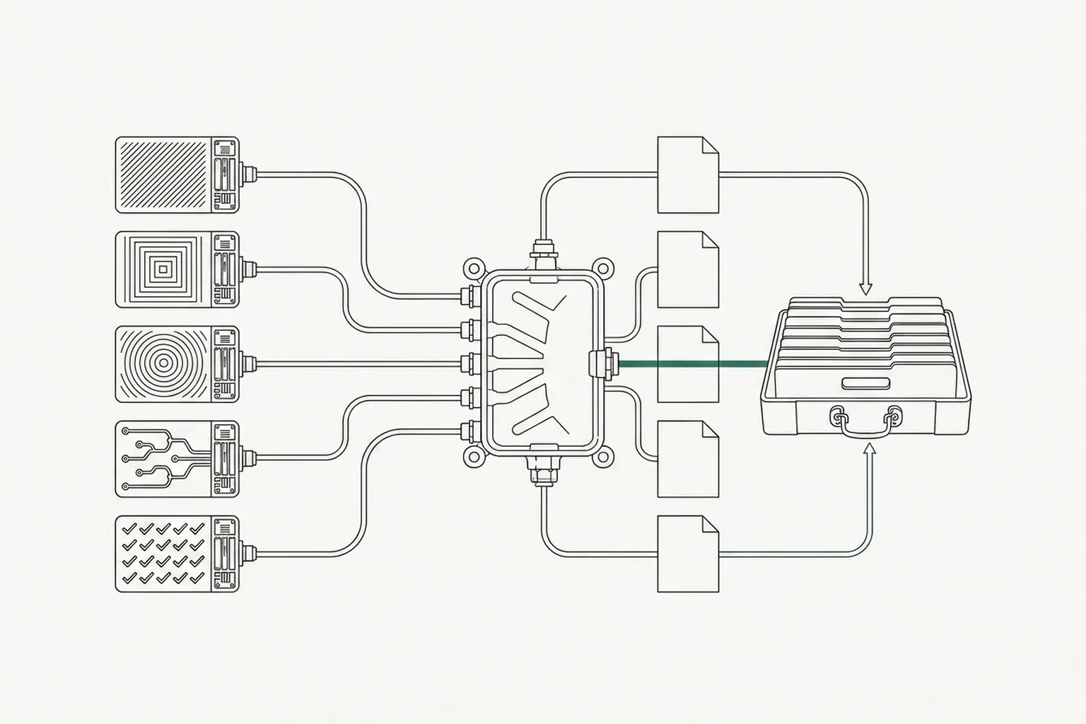 Five geometric record plates feed a central deployment chassis, while five blank documents follow a verdigris route into a portable archive case.