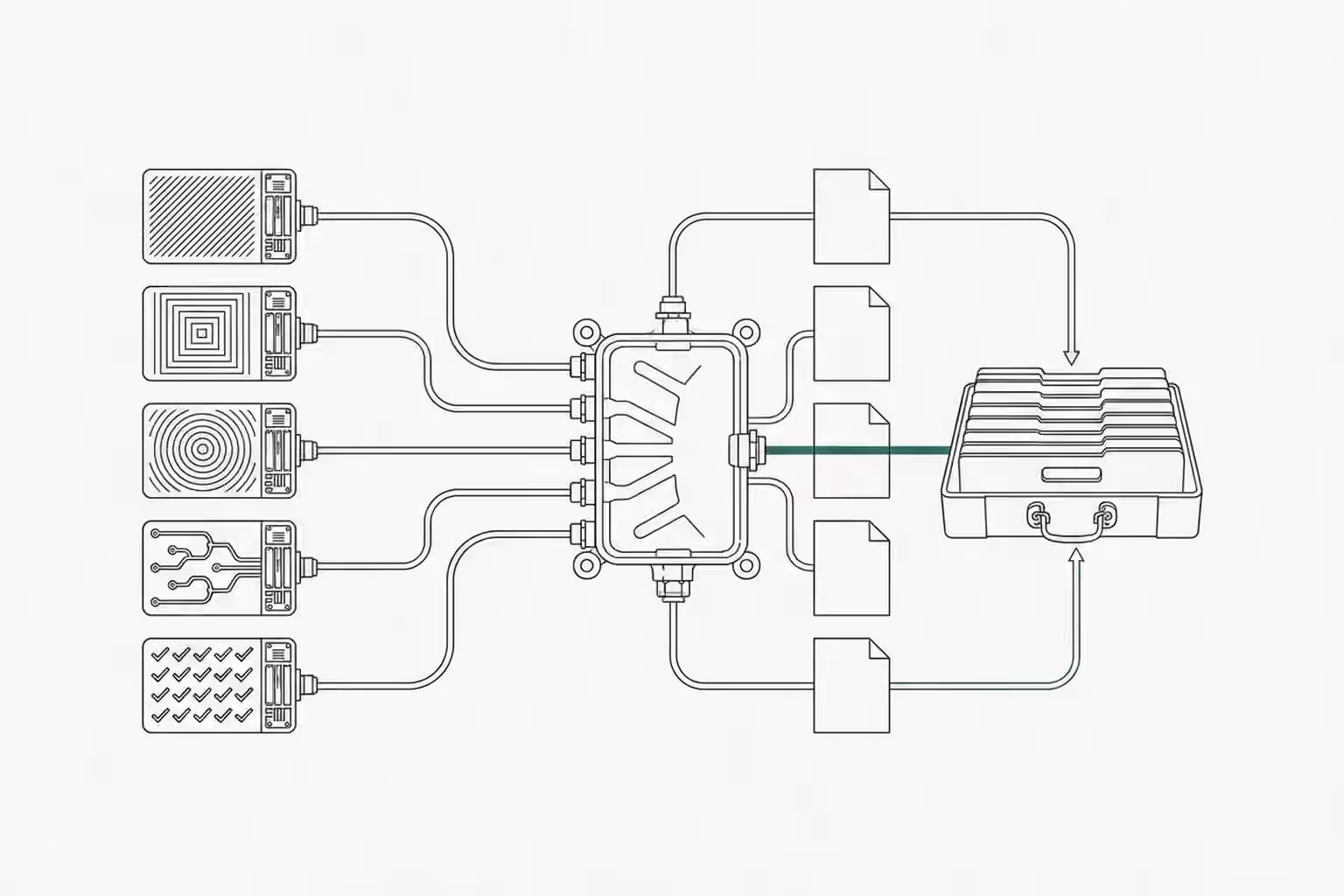 Five geometric record plates feed a central deployment chassis, while five blank documents follow a verdigris route into a portable archive case.