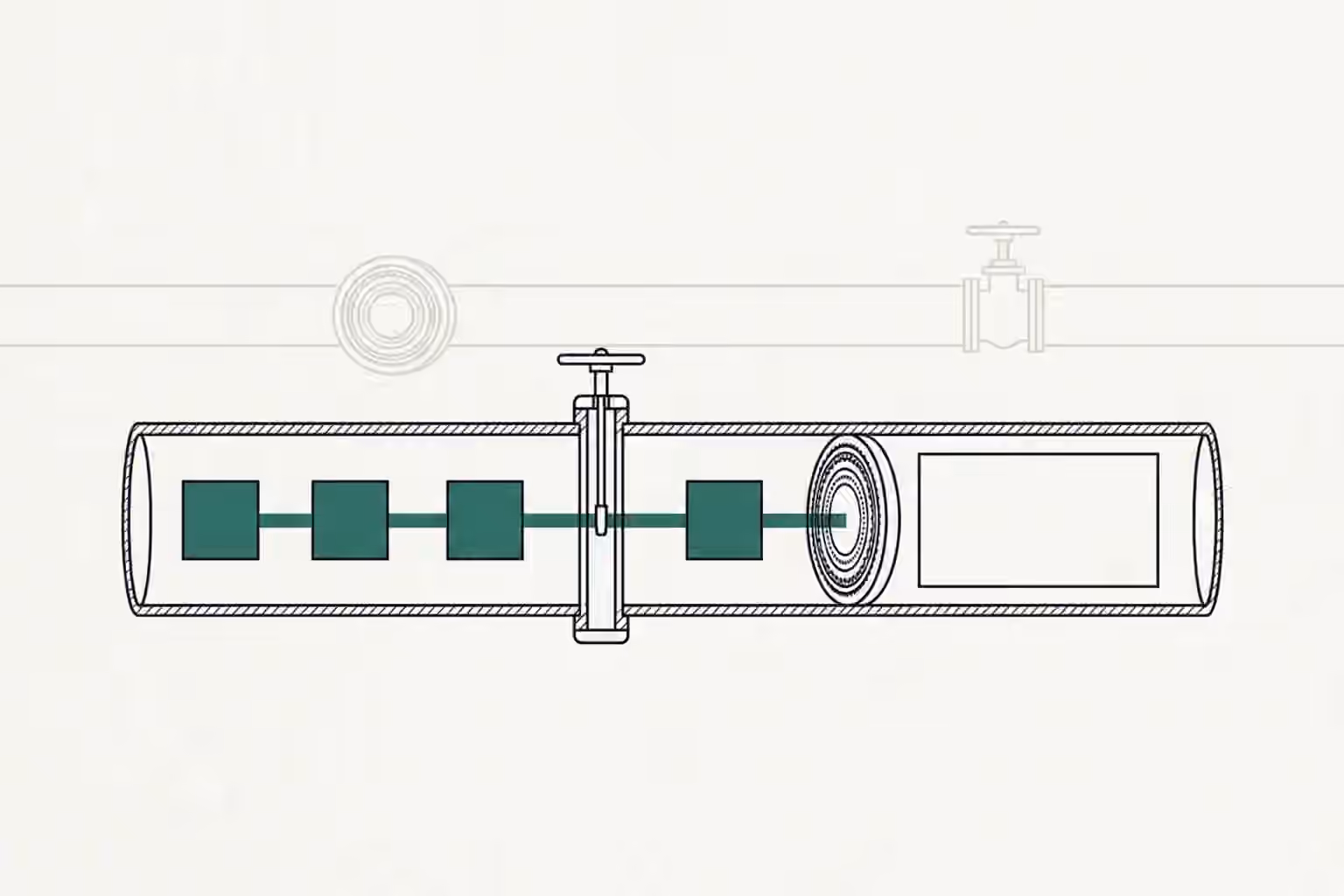 Four verdigris byte blocks cross a pipe valve, stop at an identity seal, and leave a larger frame blocked beyond it.