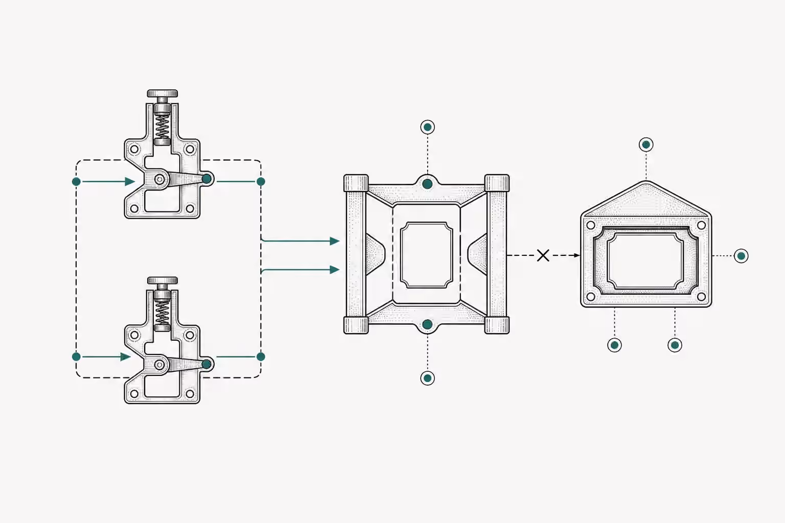 Two matching client gauges feed a contract frame that rejects a differently nested server envelope, with five green defect markers.