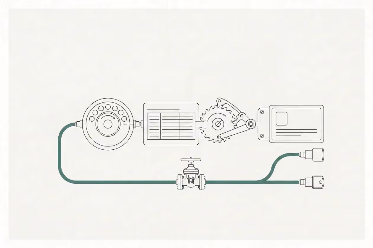 An employment record drives a linked agent credential and policy mechanism, while a green recorded route passes through a valve to two tool connections.