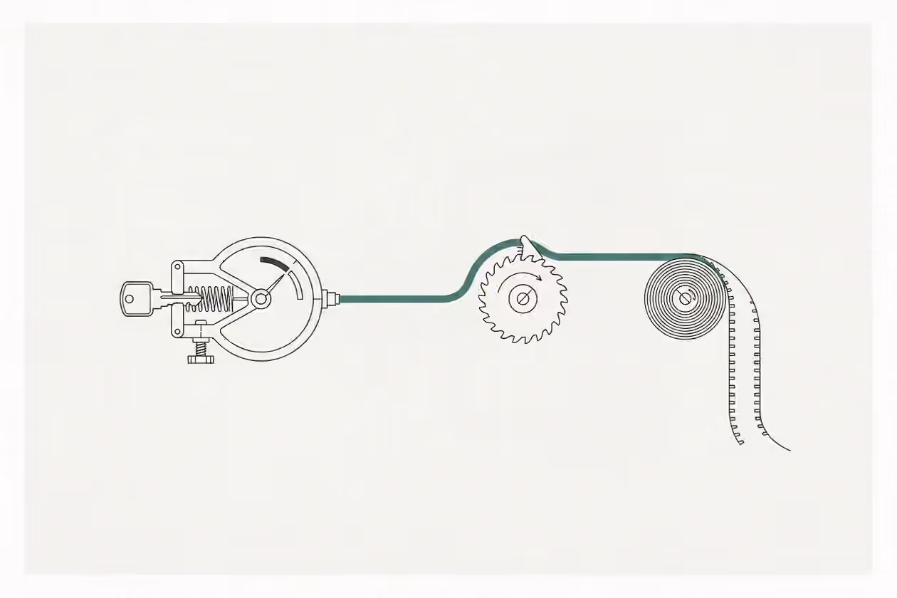 A keyed credential clamped in a spring timer feeds a one-way ratchet wheel and a spooled record tape along a single marked conduit.