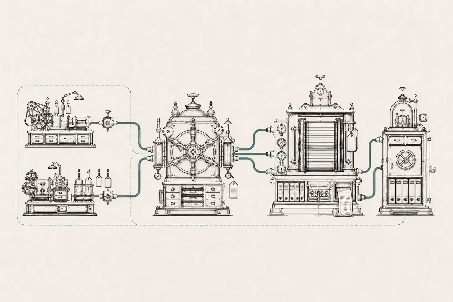 Four increasingly substantial governance machines connect business-unit workshops to central review, metering, and recordkeeping stations.