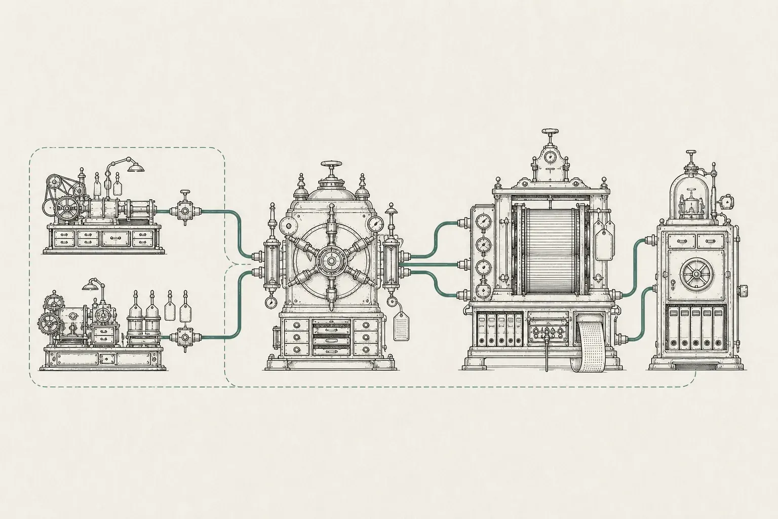 Four increasingly substantial governance machines connect business-unit workshops to central review, metering, and recordkeeping stations.