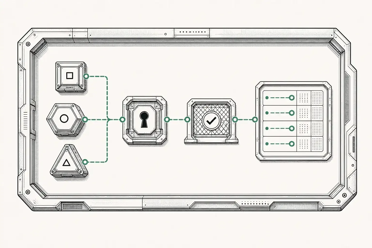 Three specialized worker modules operate inside one system boundary, passing through a permission checkpoint and approval gate before their actions enter a ledger.