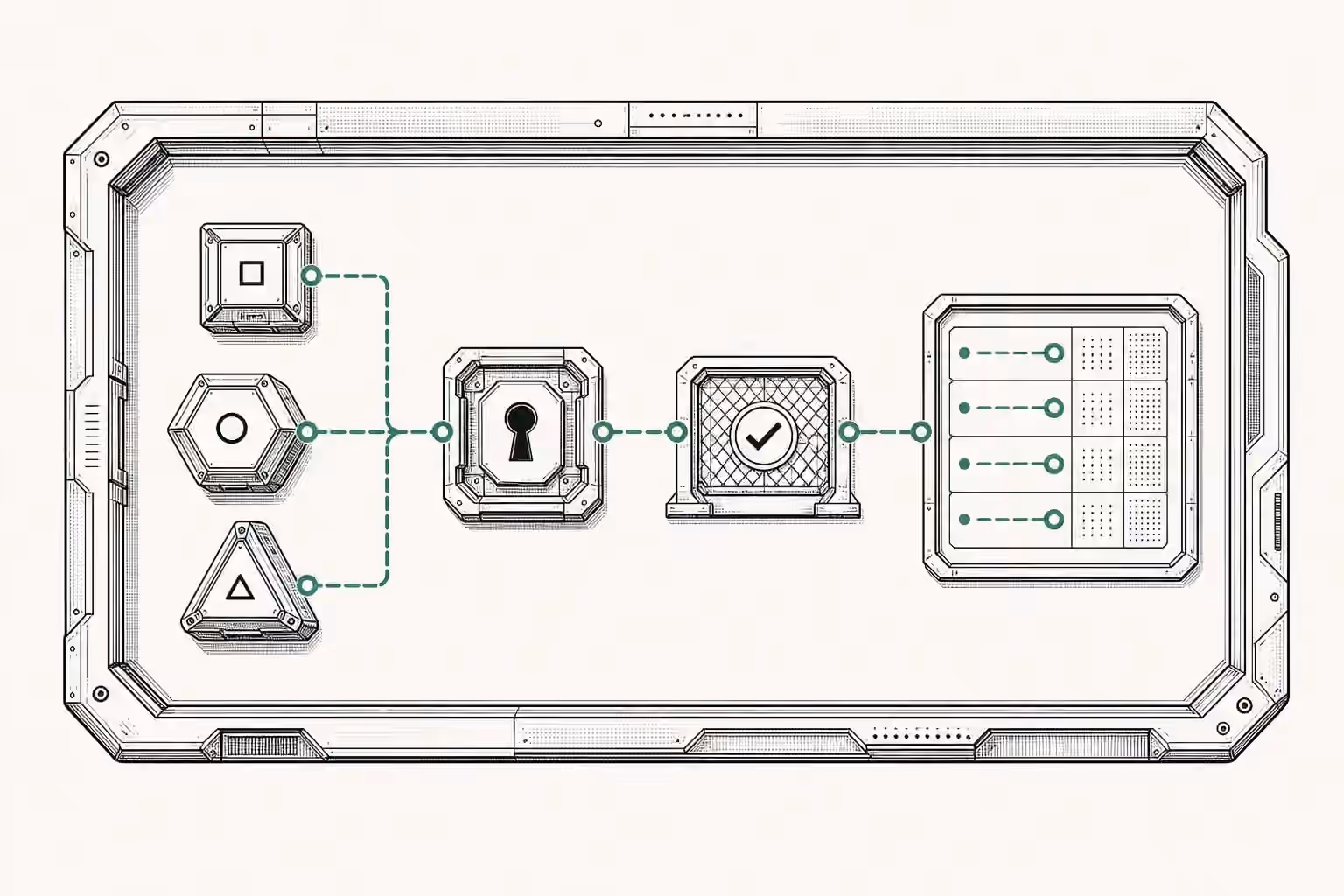 Three specialized worker modules operate inside one system boundary, passing through a permission checkpoint and approval gate before their actions enter a ledger.