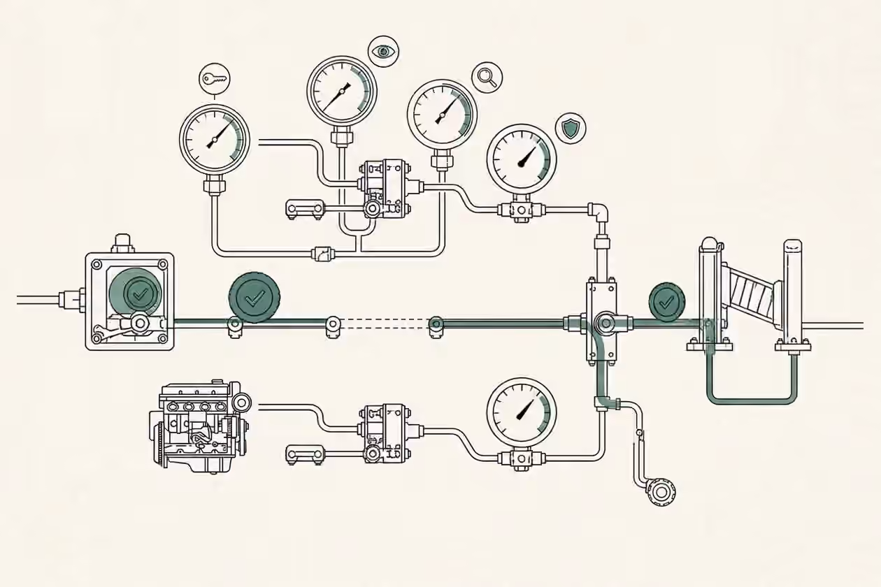 Four separate instrument gauges feed a release rail with visible checkpoints before a final mechanical gate.