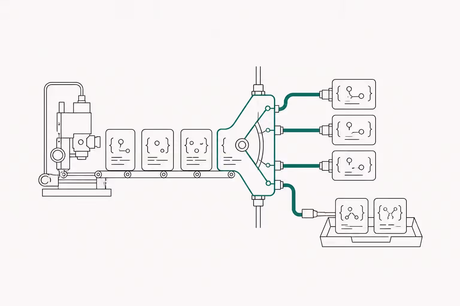 Six abstract rule cards pass through a selector gate into three accepted routes, one narrowed route, and a two-card review tray.