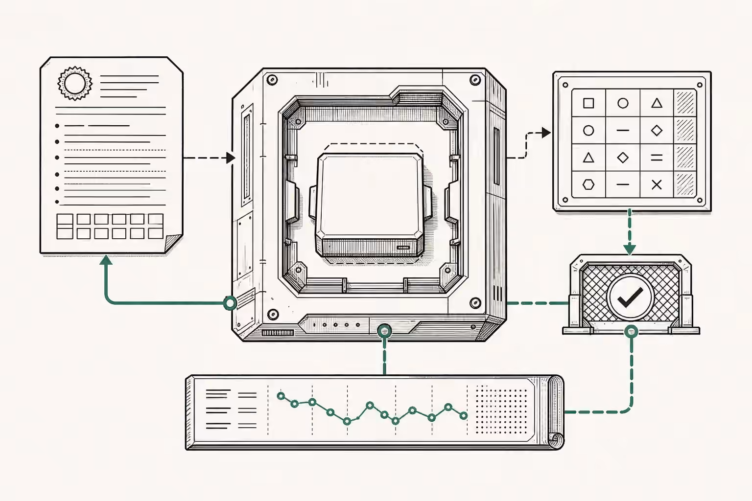 A removable model module sits inside a technical harness linked to a manifest, schema, validation gate, and recorded trace.