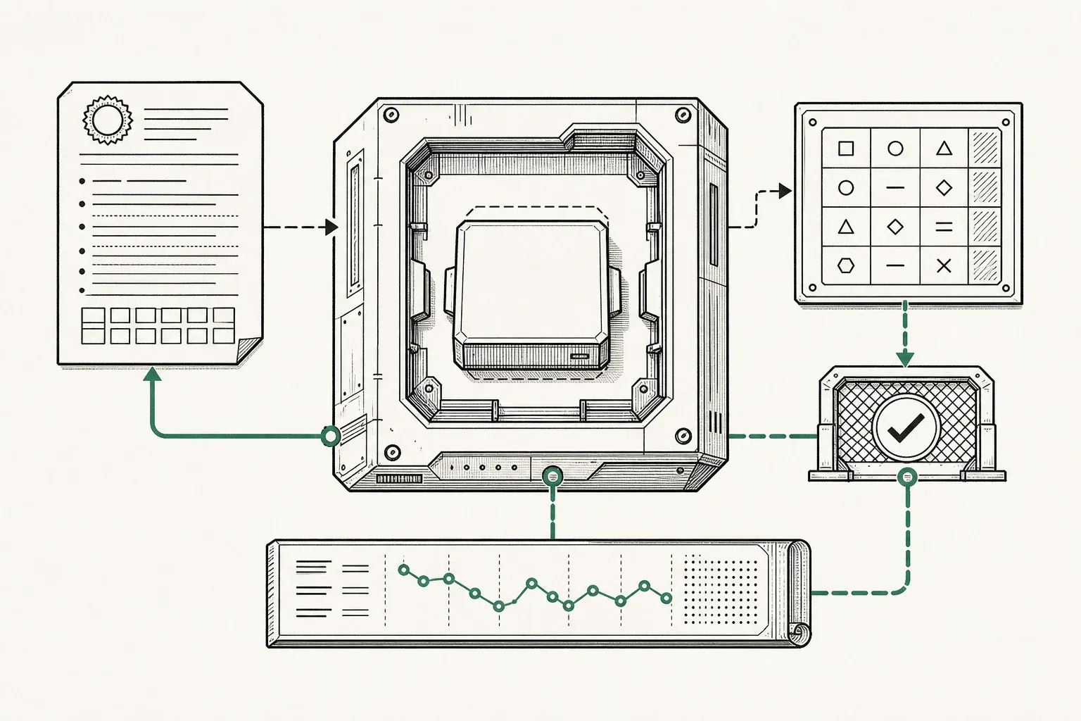 A removable model module sits inside a technical harness linked to a manifest, schema, validation gate, and recorded trace.