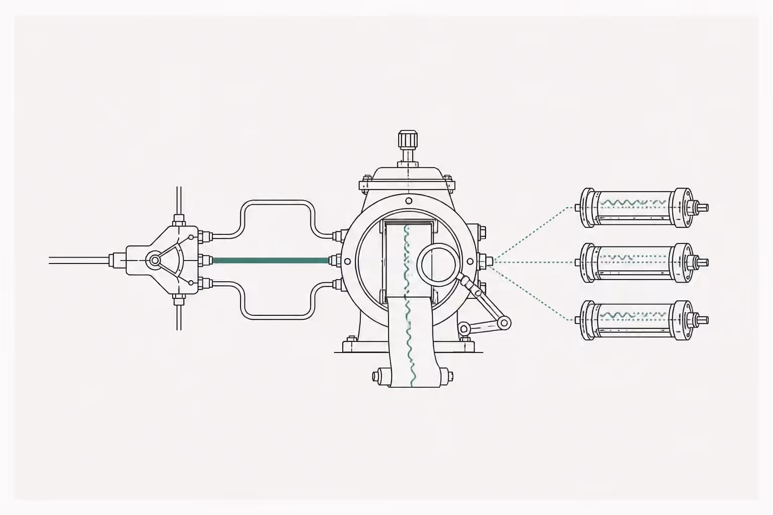 A routing manifold feeds a paper trace into an inspection chamber that compares it with three backend fingerprint cylinders.