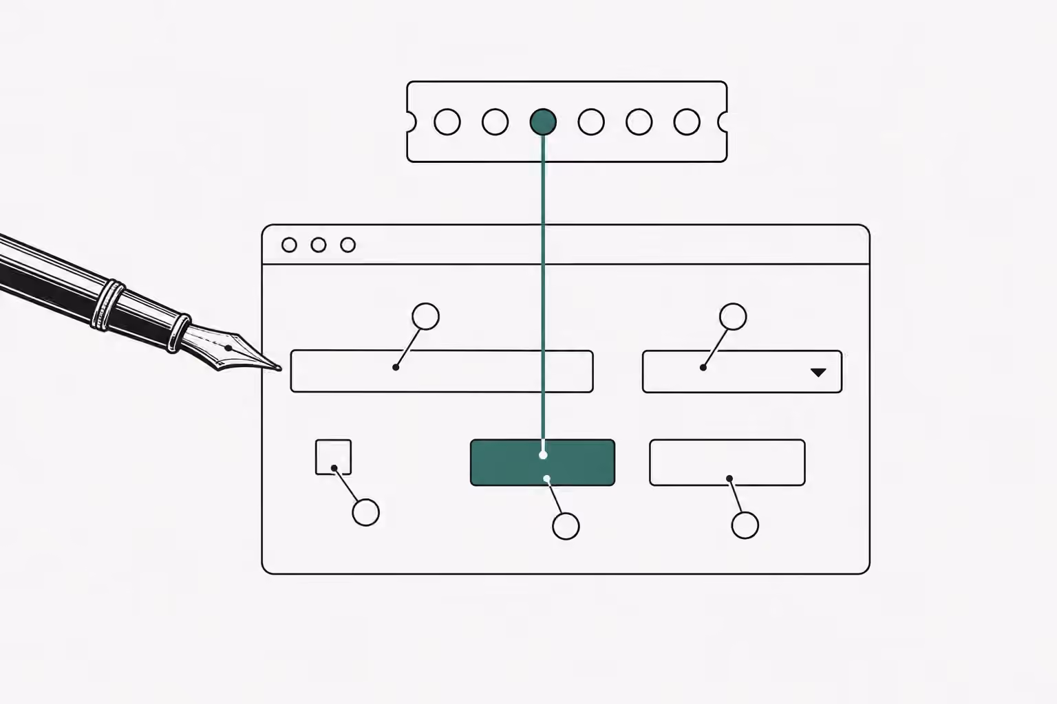 A browser window of blank controls sits under a strip of round holes, and a verdigris line runs from the one filled hole to the one filled button while a pen nib points at an empty field.