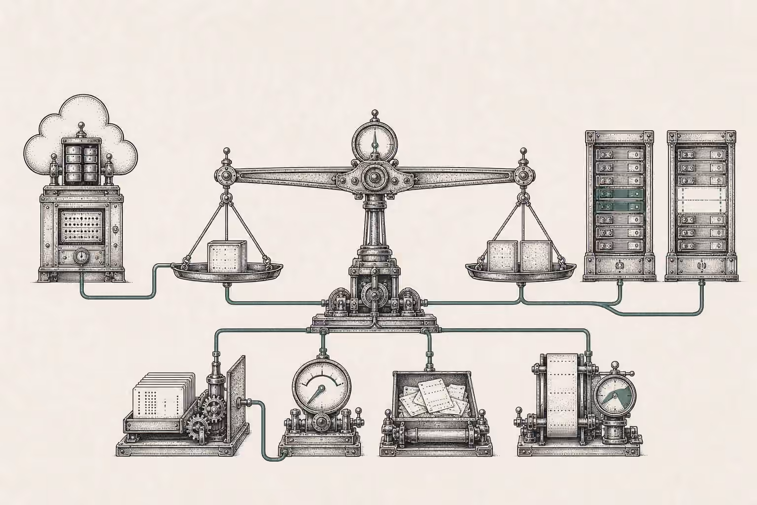 A level mechanical balance connects a cloud terminal and two local compute cabinets to modules for repeated prompts, utilization, correction slips, and tested output.