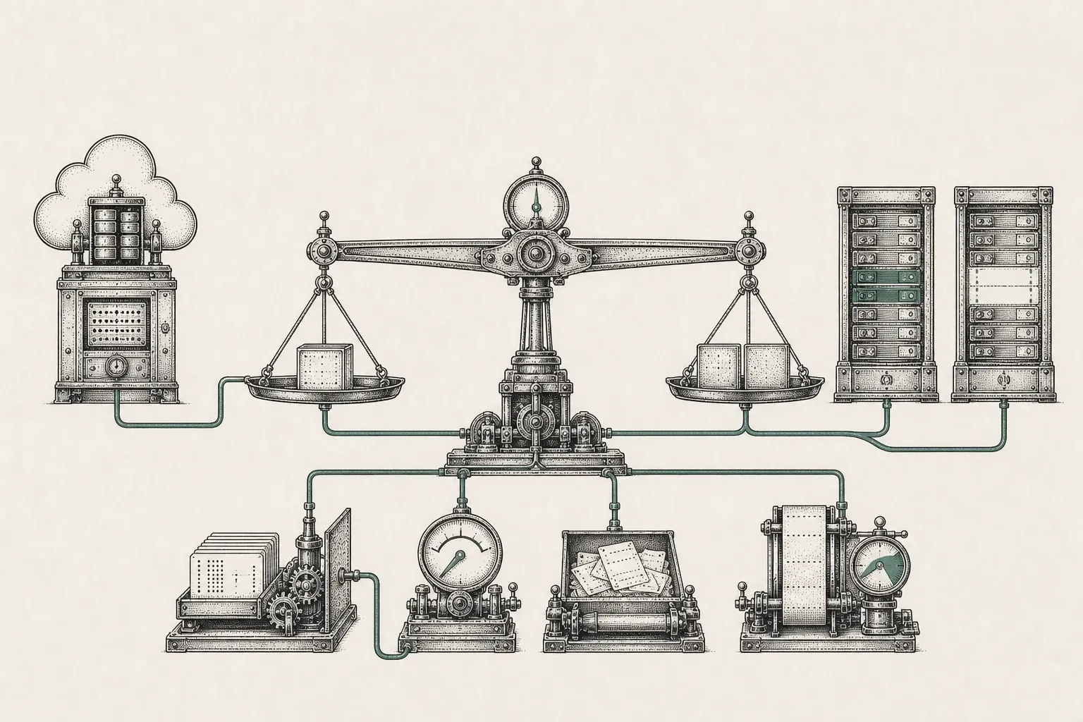 A level mechanical balance connects a cloud terminal and two local compute cabinets to modules for repeated prompts, utilization, correction slips, and tested output.