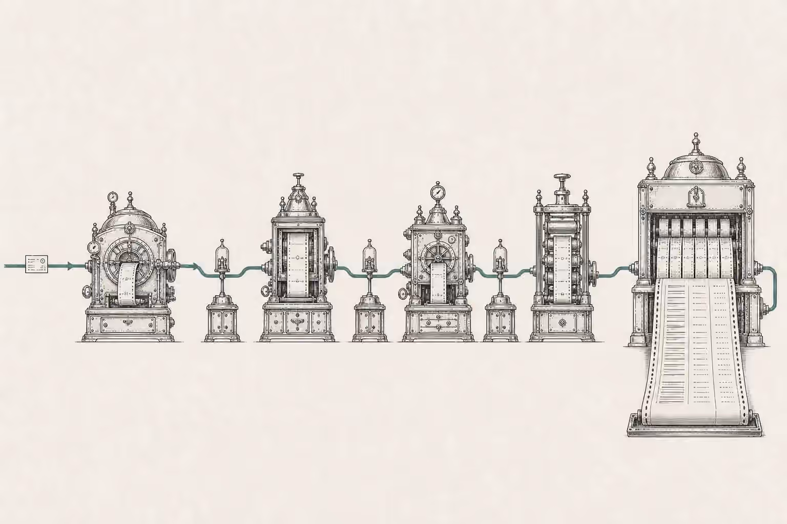 One request passes through four model-invocation machines and three tool stations, accumulating usage strips that become a single itemized receipt.