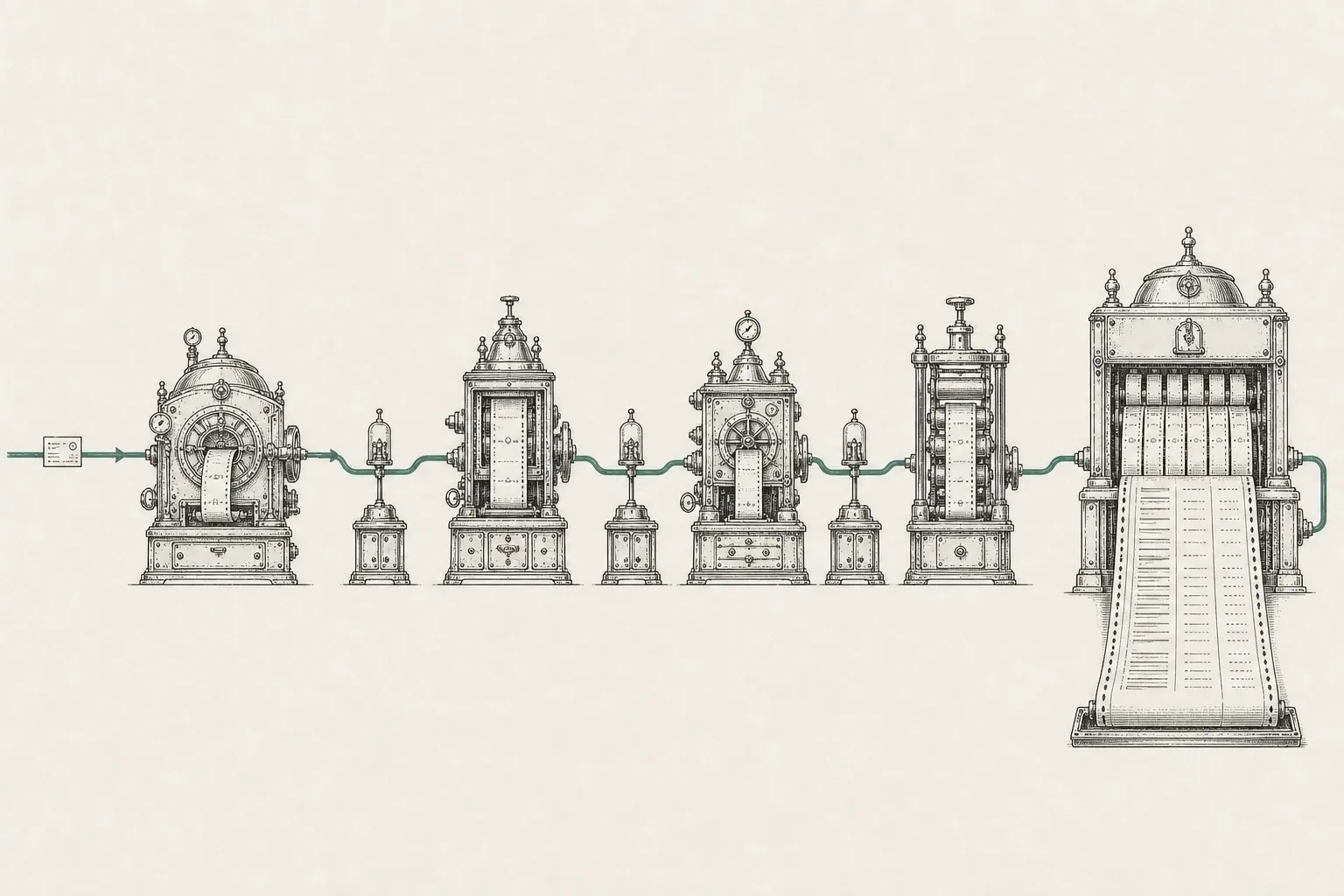 One request passes through four model-invocation machines and three tool stations, accumulating usage strips that become a single itemized receipt.