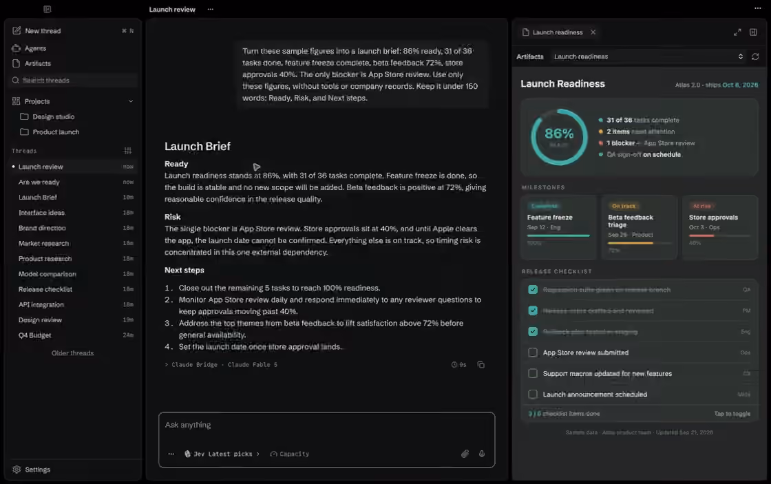muniment desktop with project threads, Jev selected, and a launch readiness artifact beside the chat.