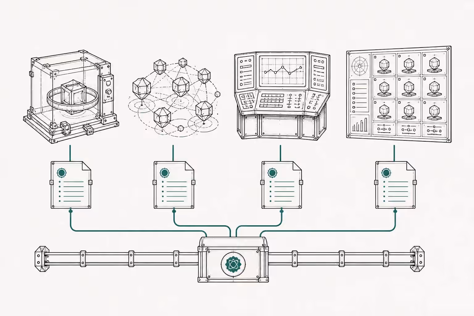 Four technical governance instruments send separate test records into one shared evidence rail.