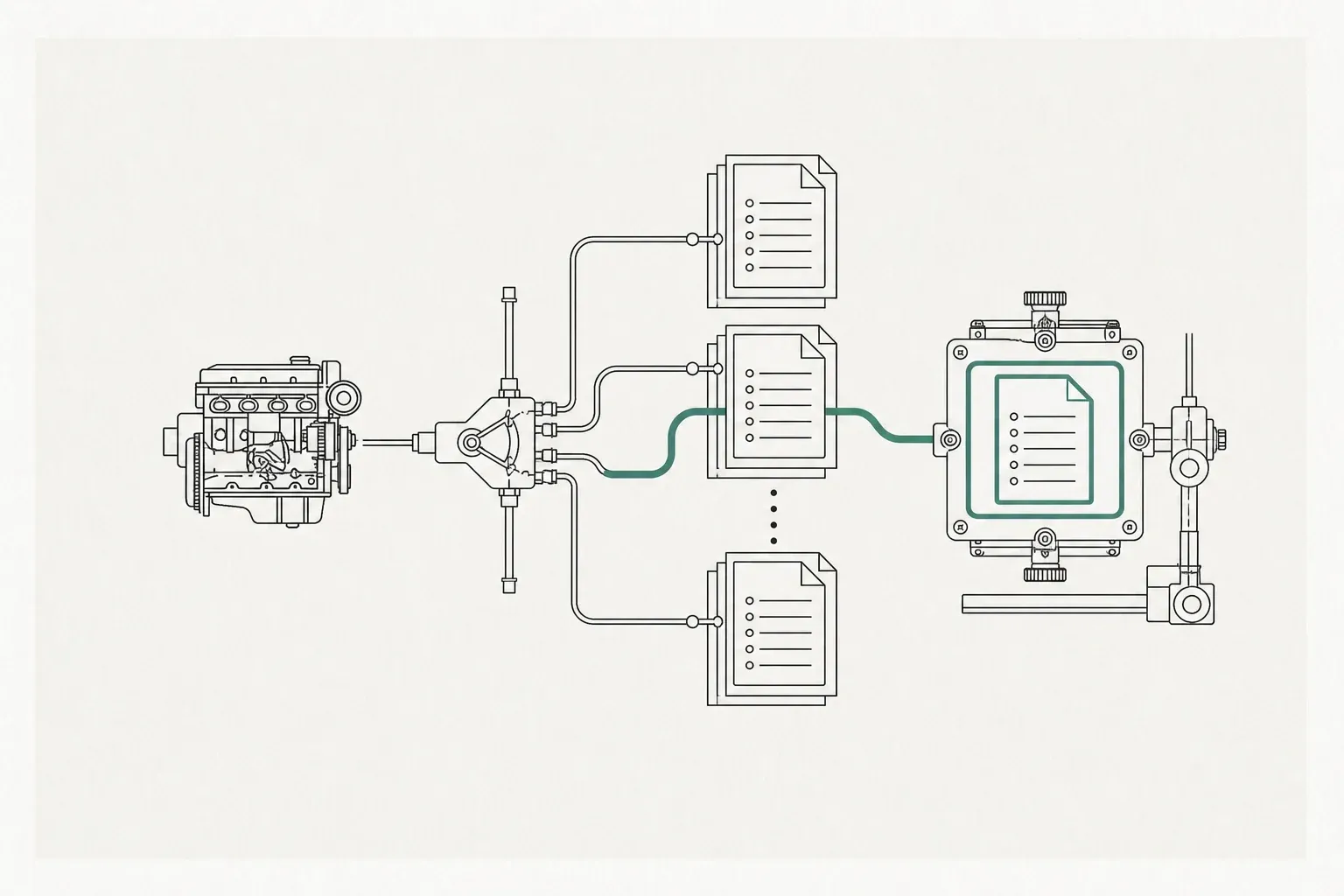 A technical archive routes one stack of model records through a verdigris line into a precision inspection frame.