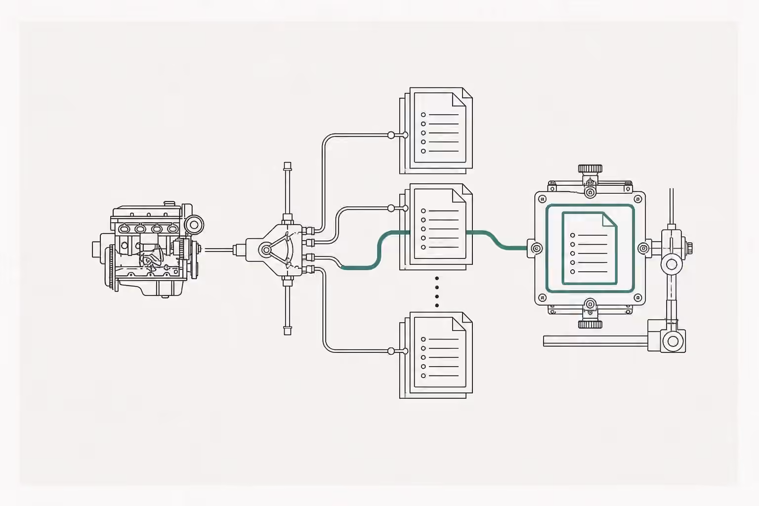 A technical archive routes one stack of model records through a verdigris line into a precision inspection frame.