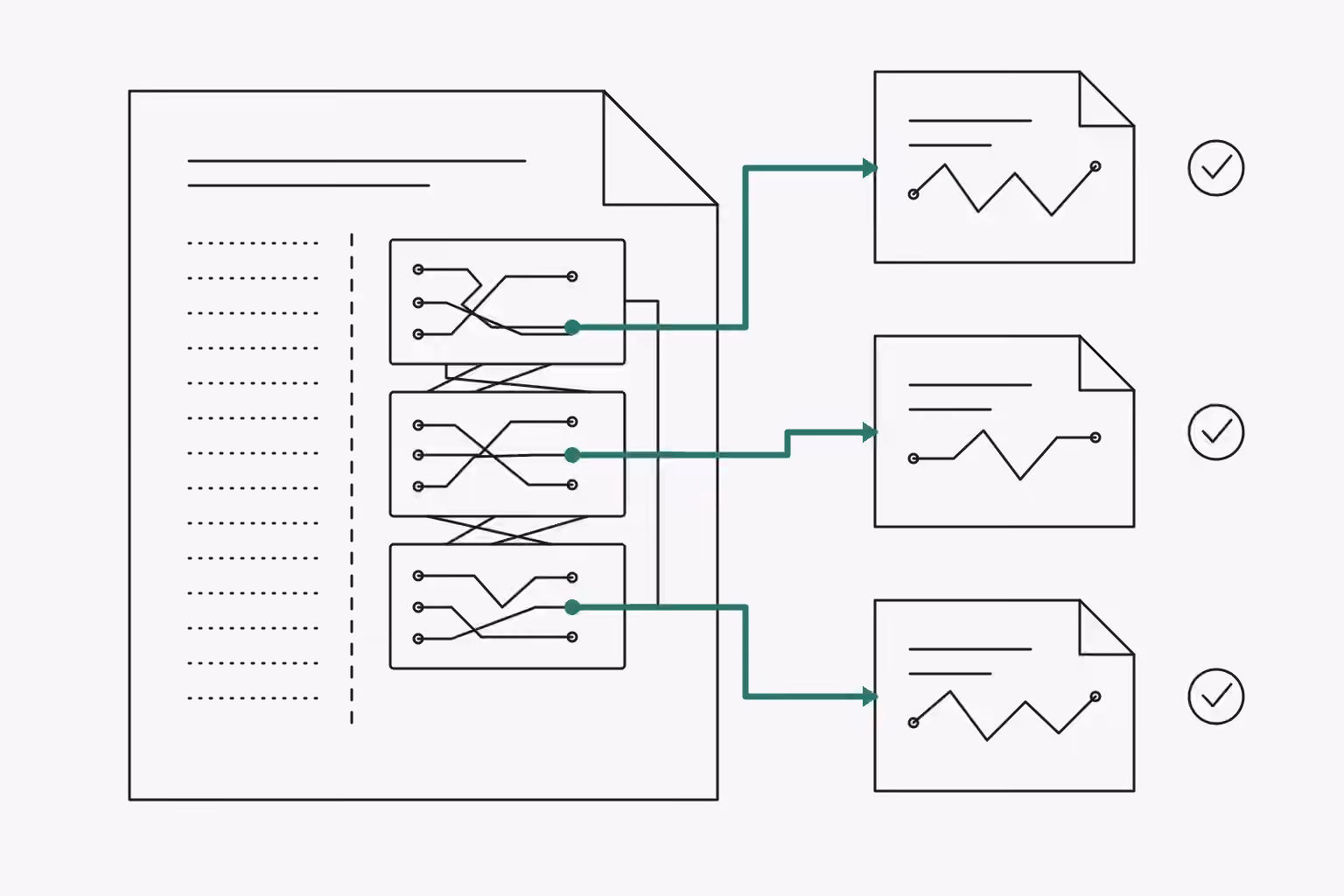 Three parser diagrams move from one workflow document into separate checked script documents.