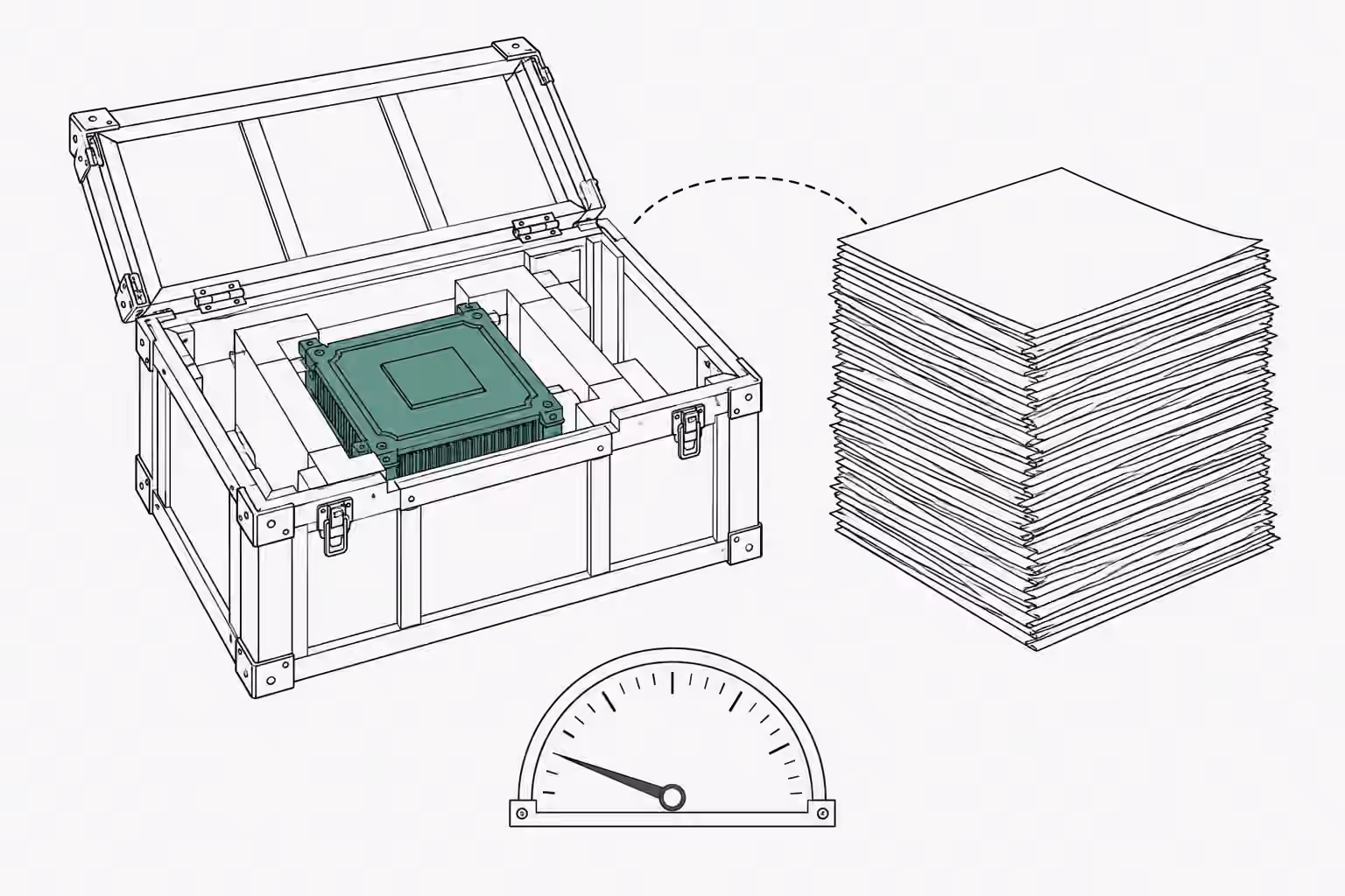 An open shipping crate holds one compact verdigris module while a tall stack of loose sheets sits outside it, joined by a dashed line, above a gauge whose needle rests low.