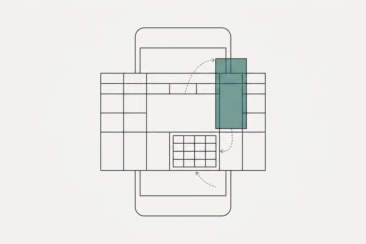 A native phone frame holds a table grid with a verdigris row-span overlay and a smaller table nested inside one cell.