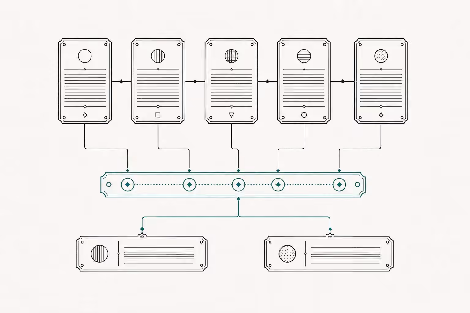 Five message records feed an ordered verdigris snapshot rail linked to a user message and assistant result.