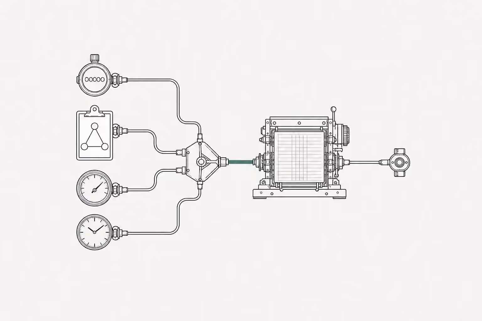Four schematic measurement instruments feed a central ledger through a single recorded route.