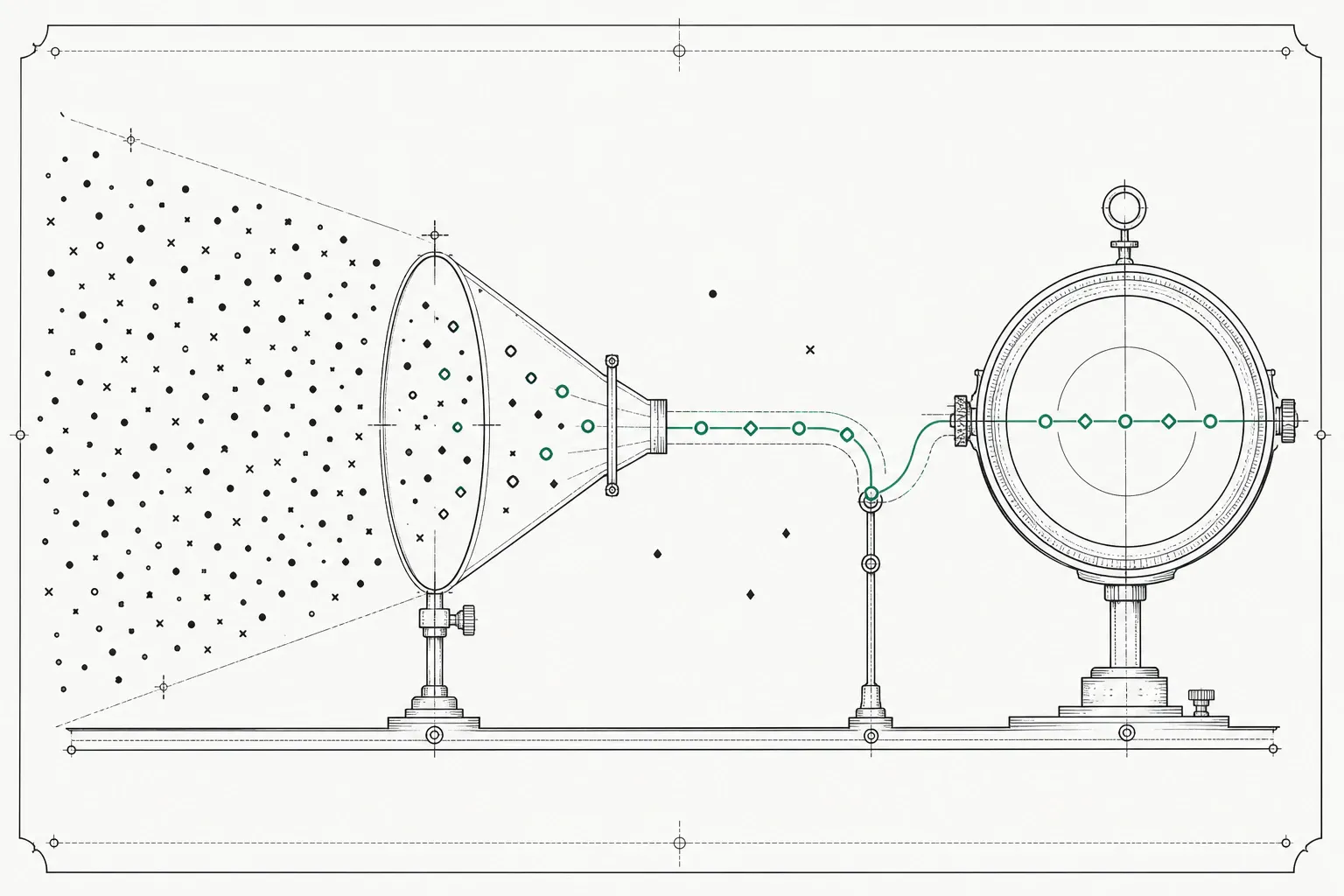 A schematic funnel routes selected findings into a verification gauge while missed marks remain outside the path.