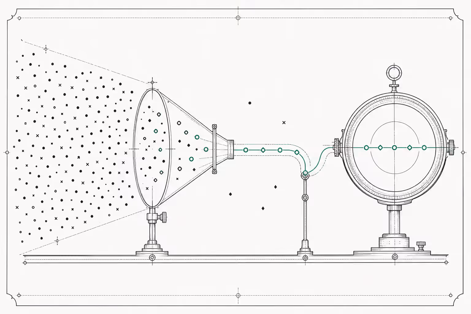 A schematic funnel routes selected findings into a verification gauge while missed marks remain outside the path.