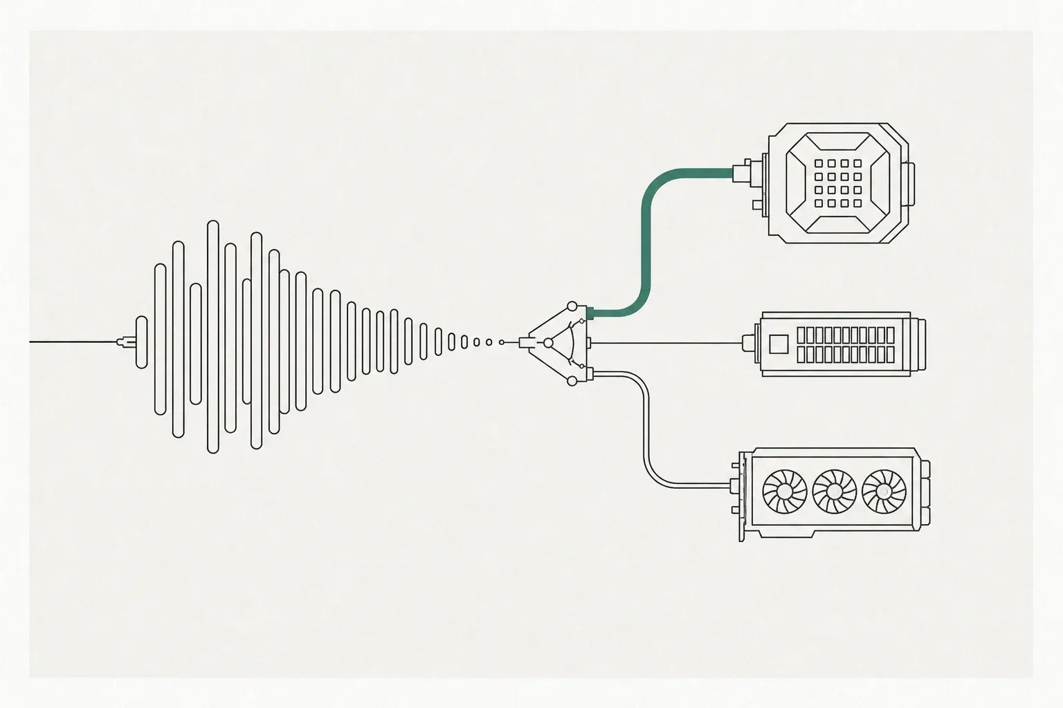 An inference trace reaches a switch and branches toward three processor forms, with one route marked in verdigris.