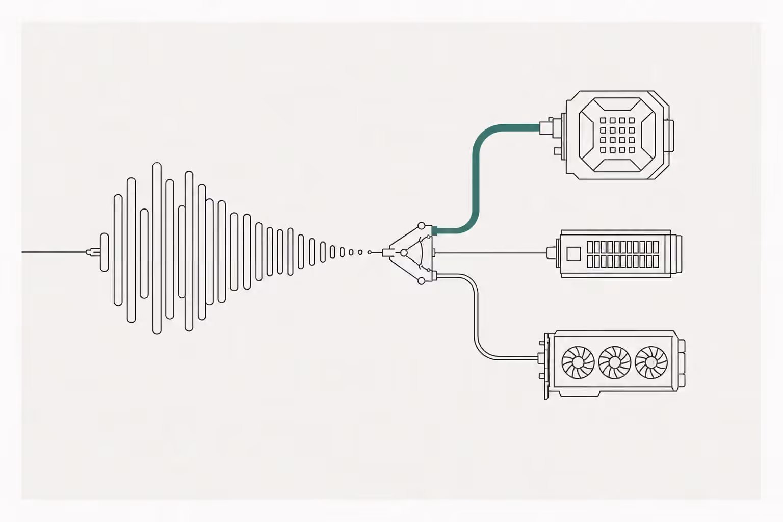 An inference trace reaches a switch and branches toward three processor forms, with one route marked in verdigris.