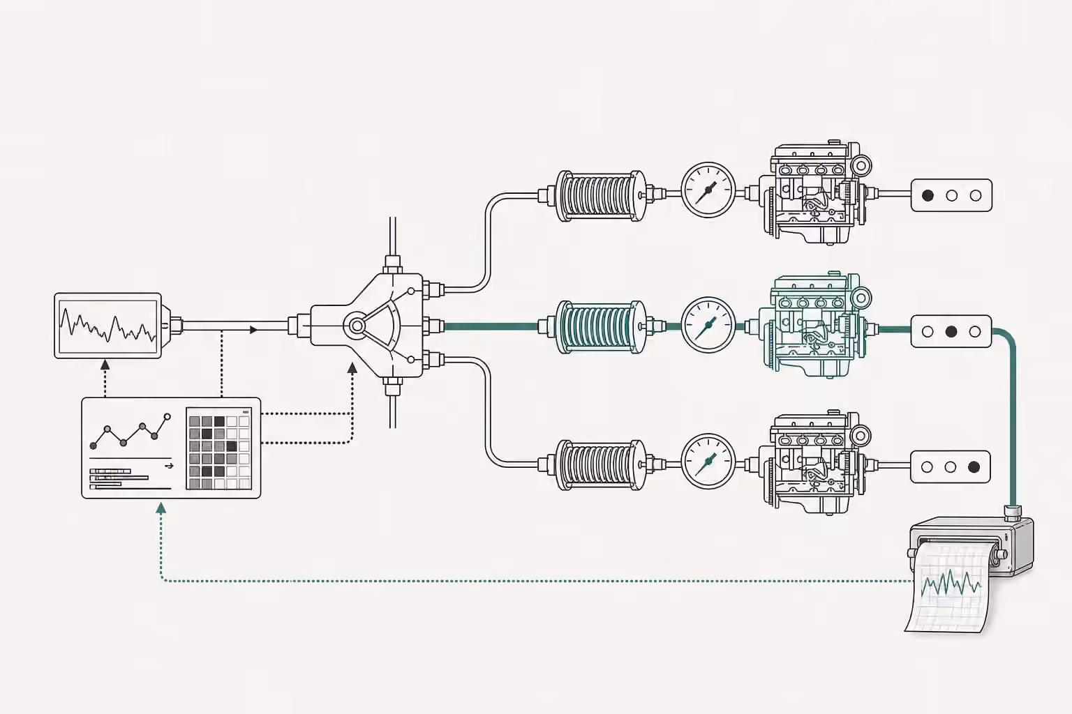 A workload trace enters a mechanical selector that compares three context-reuse and response-time paths before recording the selected route.