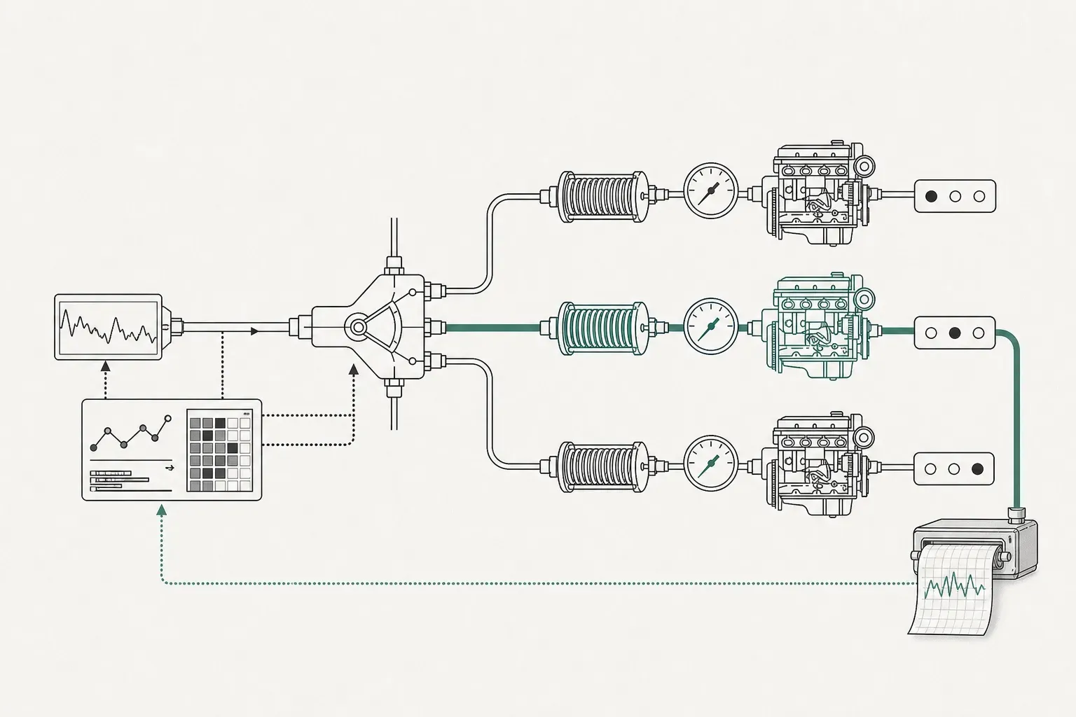 A workload trace enters a mechanical selector that compares three context-reuse and response-time paths before recording the selected route.
