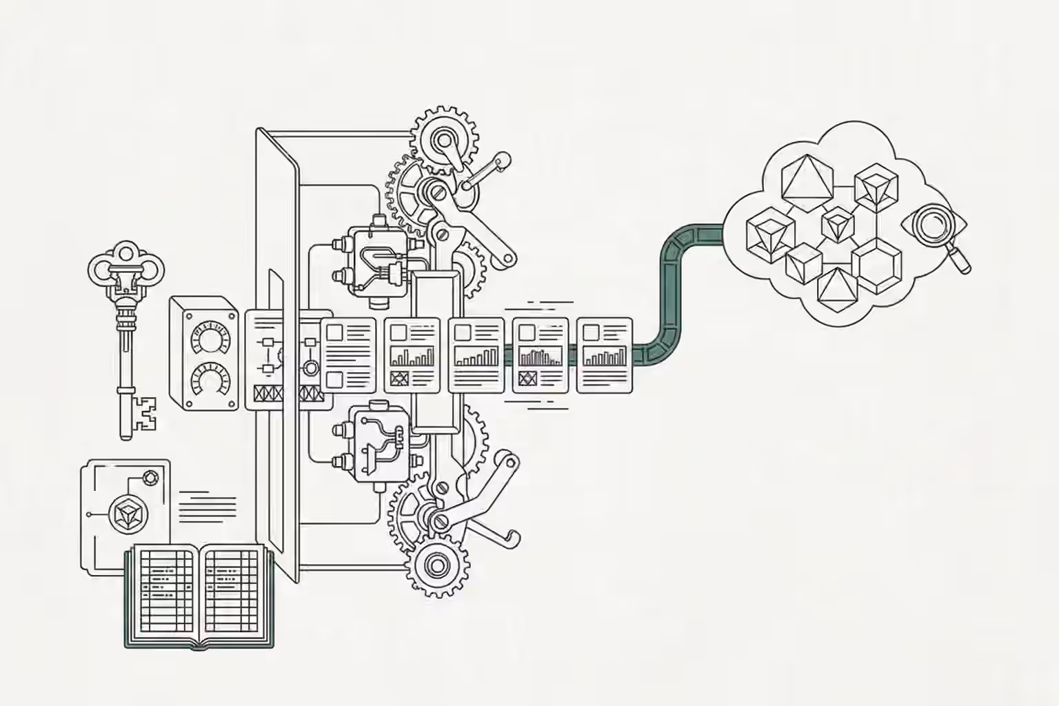 Monitoring record cards travel from a cloud intake rail into a customer-side archive with a key, access gate, and audit ledger.