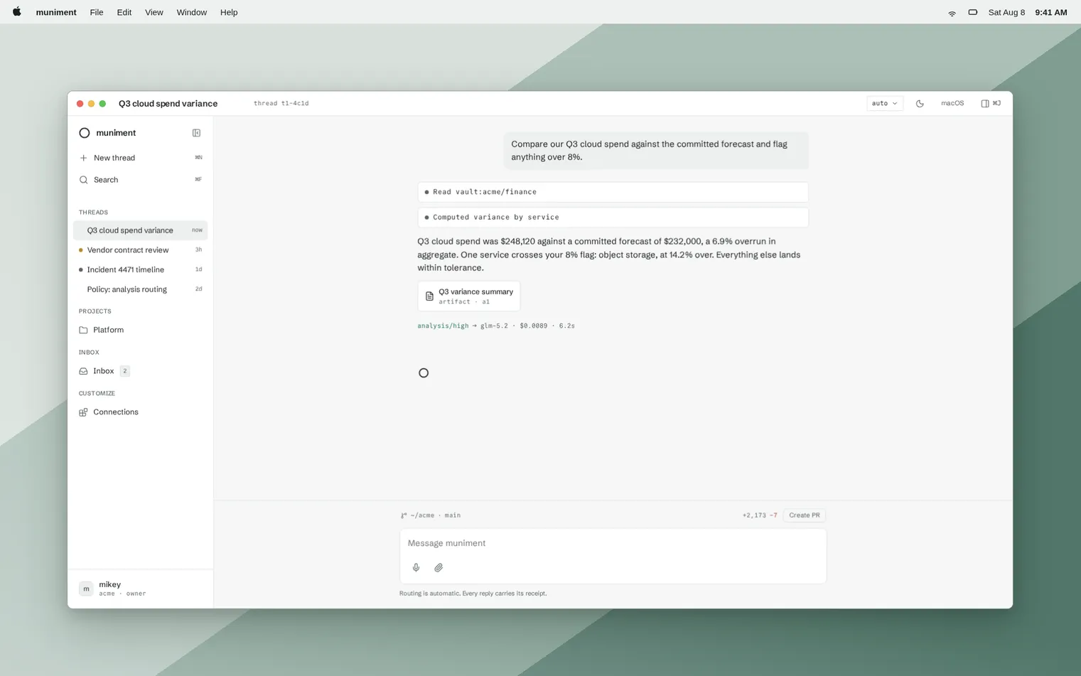 muniment desktop app with the sidebar, a completed model answer, an artifact, and its receipt