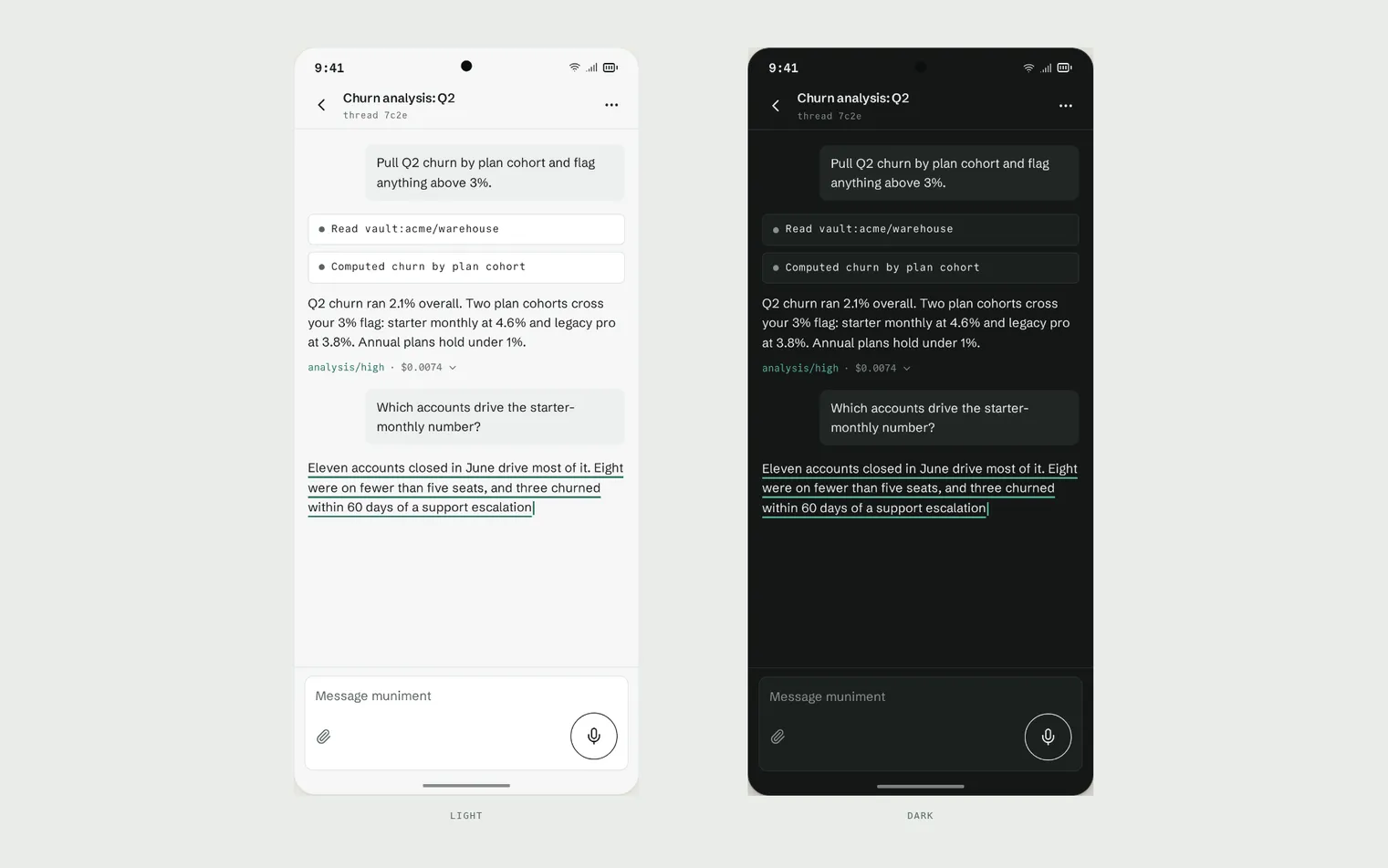 muniment Android Thread screen mid run in light and dark themes