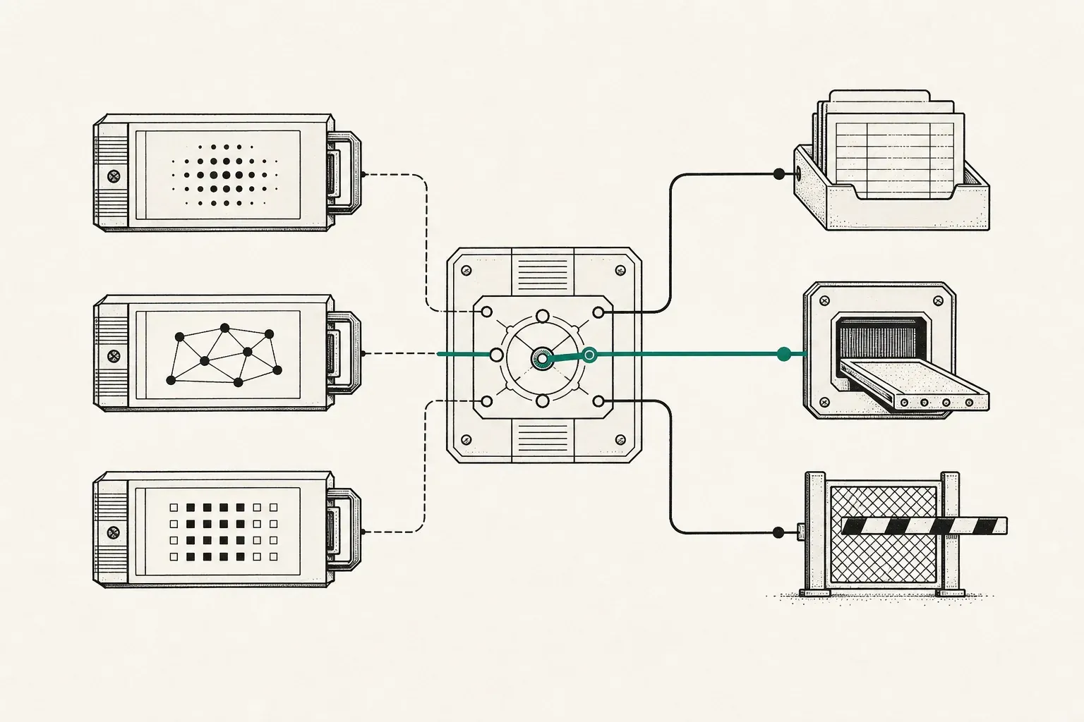 Three removable model cartridges connect through a central routing console to a data record, deployment port, and evaluation gate.