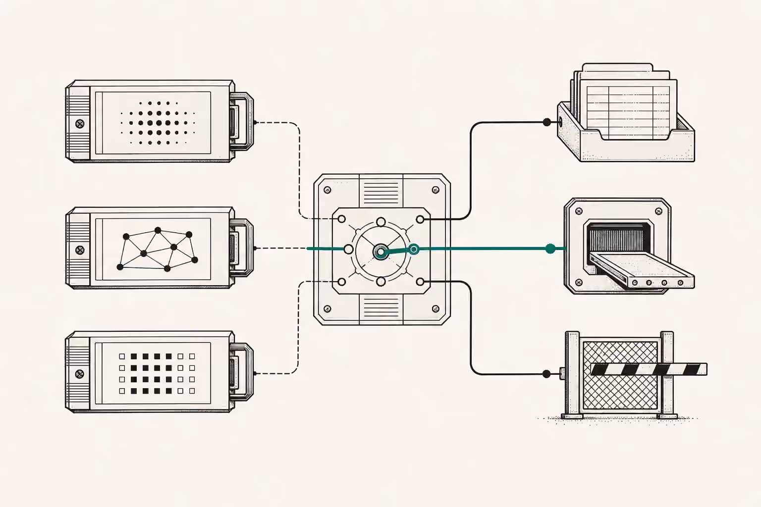 Three removable model cartridges connect through a central routing console to a data record, deployment port, and evaluation gate.