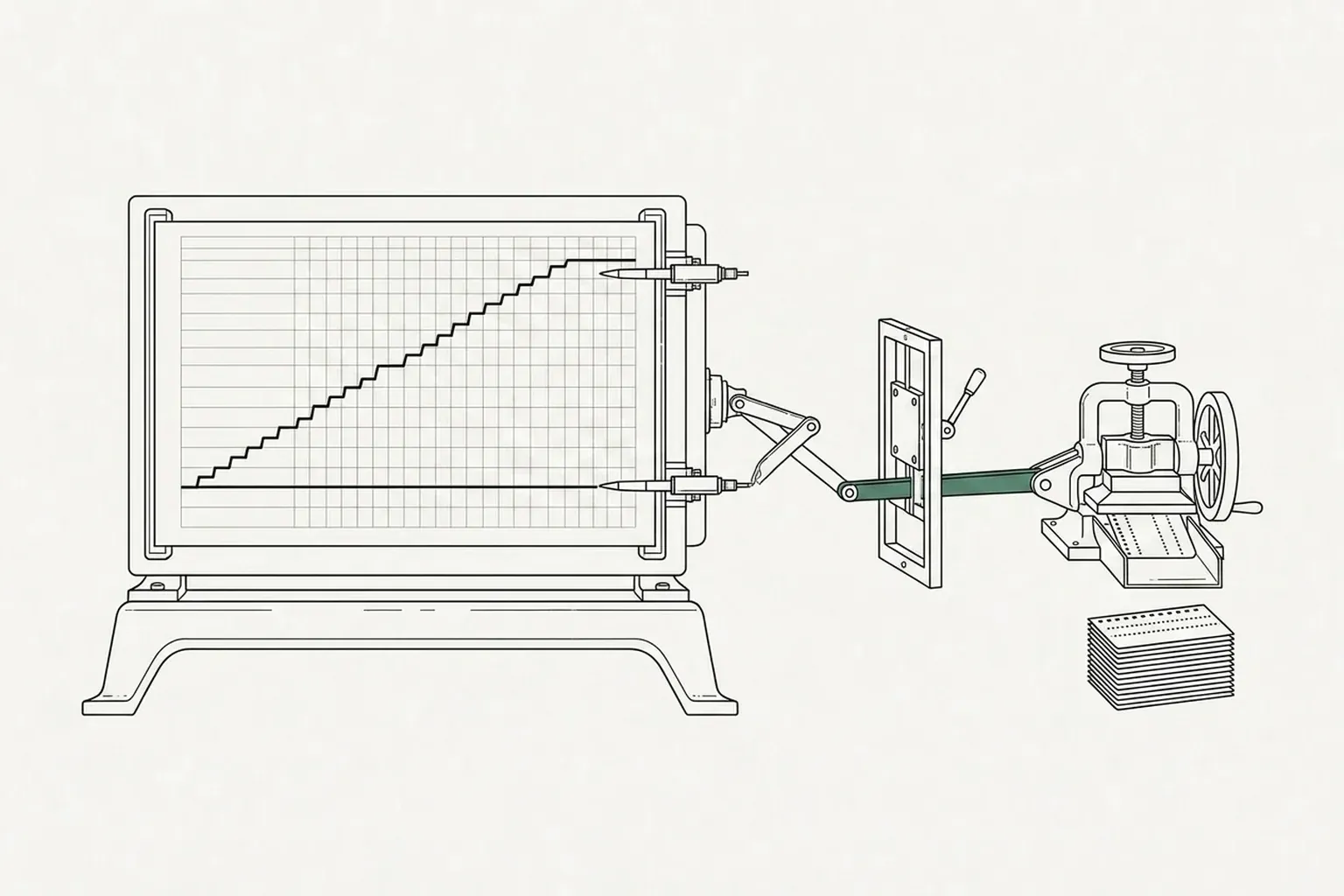 A chart recorder plotting one rising trace and one flat trace drives a linkage whose verdigris segment passes through an inspection gate into a press that stacks records.