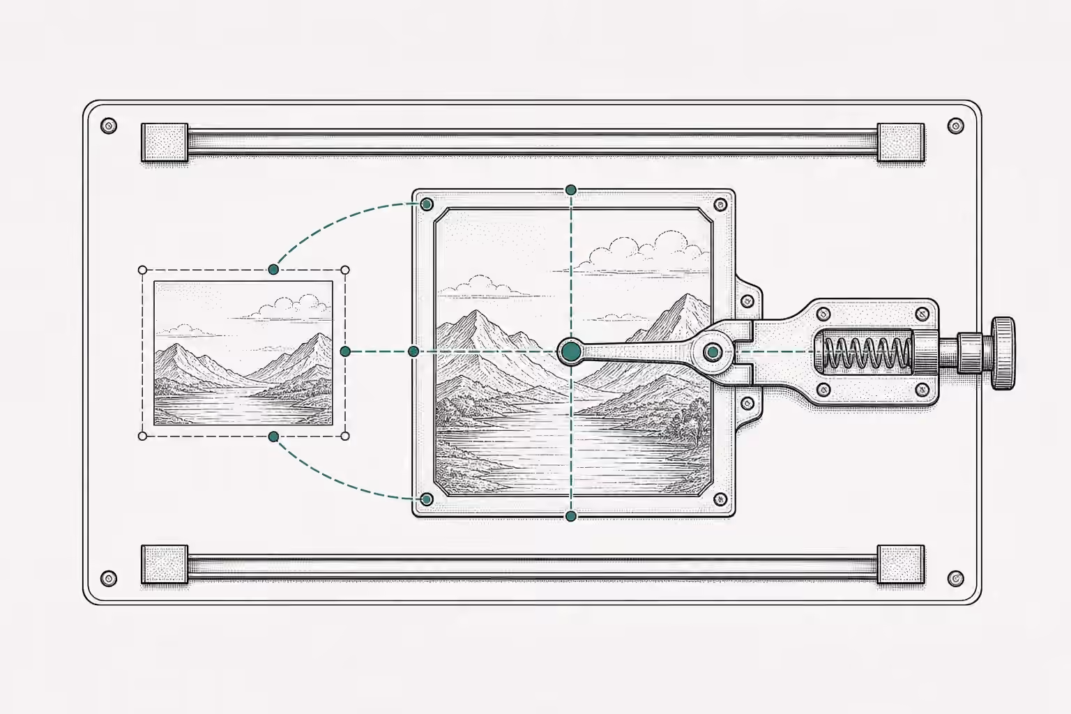 A fitted landscape frame expands around a verdigris focal pin within measured rails, with a mechanical spring ready to return it.