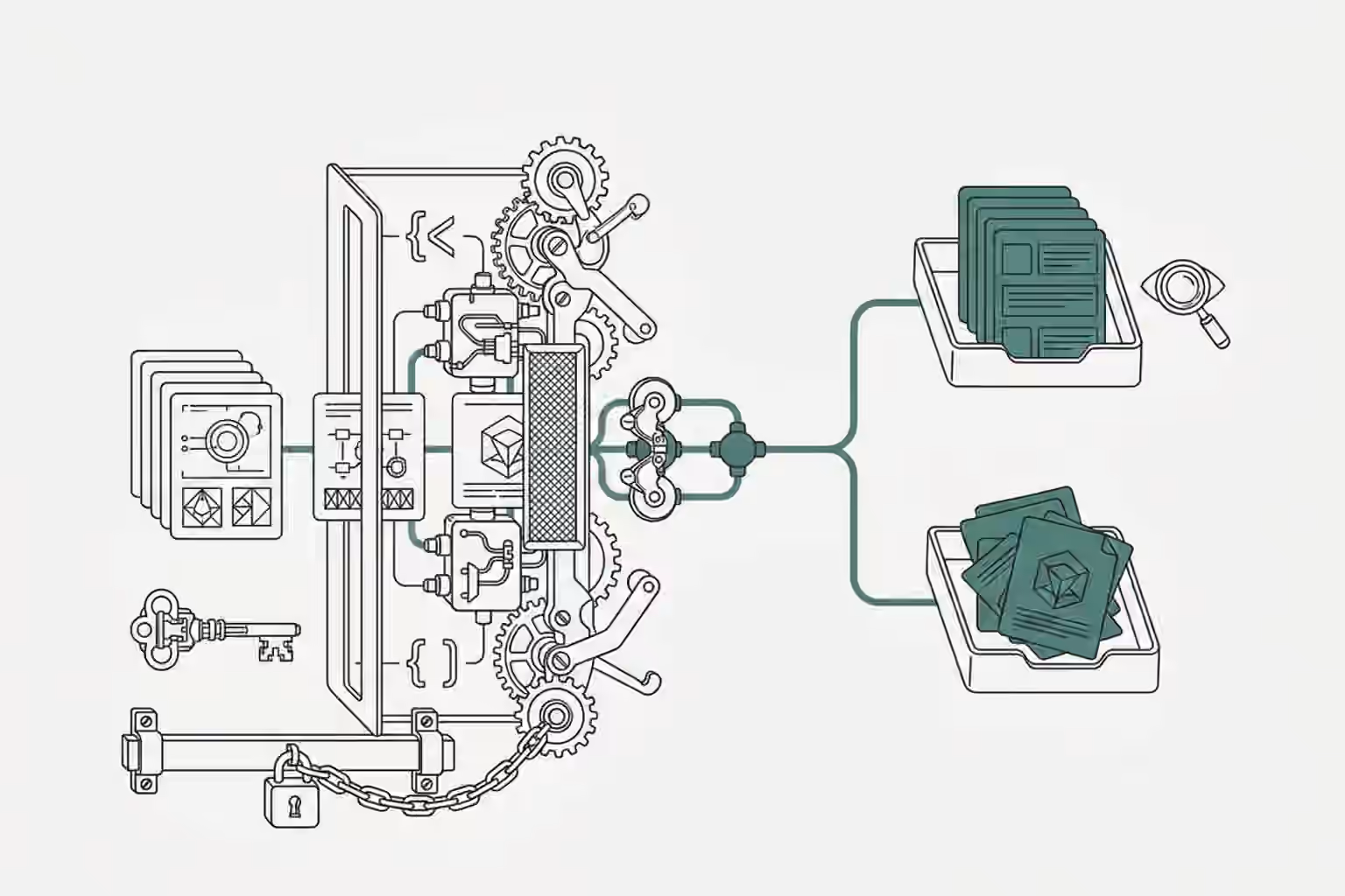 Software record cards pass through a catalog approval machine while a separate key and lock control the execution rail.