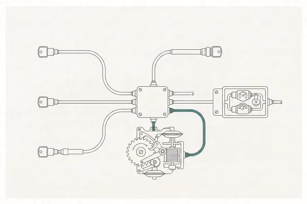 Three service lines enter a request-routing unit while linked host and network instruments record activity around it.