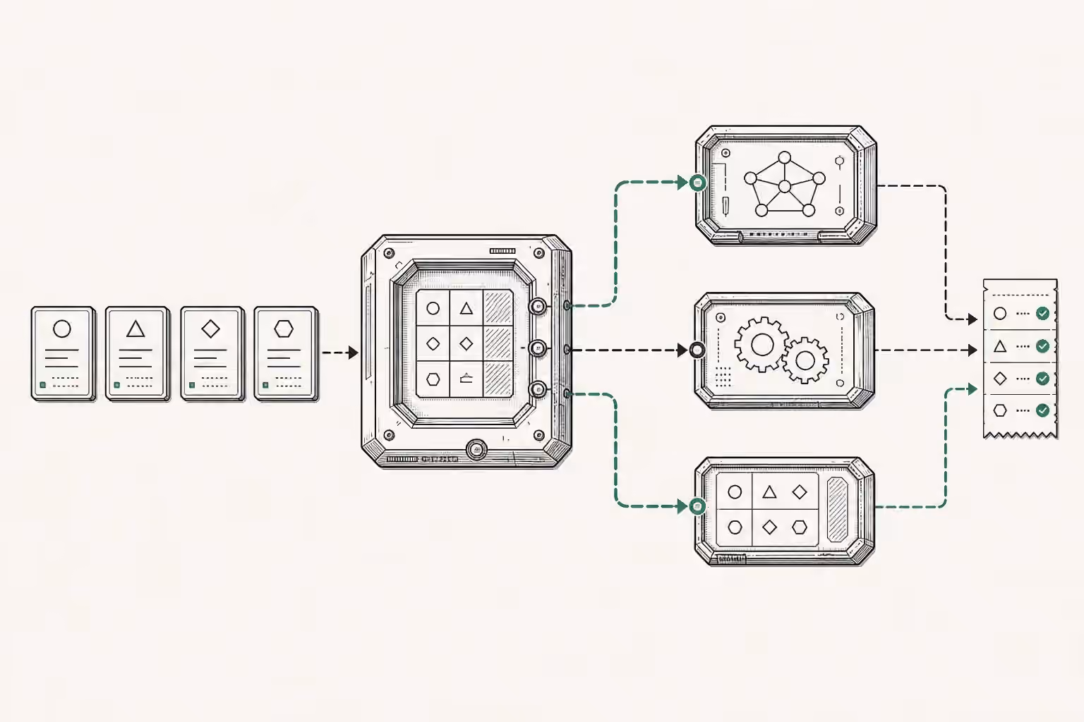 Four reasoning-step cards enter an auction selector, route to three expert modules, and converge on an outcome receipt.