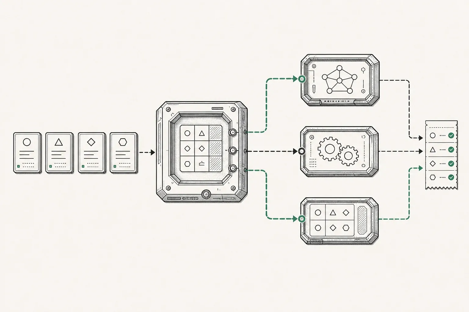 Four reasoning-step cards enter an auction selector, route to three expert modules, and converge on an outcome receipt.
